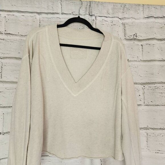 Aerie Womens Cream V-Neck French Terry Crop Long Sleeve Sweatshirt Size Small - Picture 2 of 9